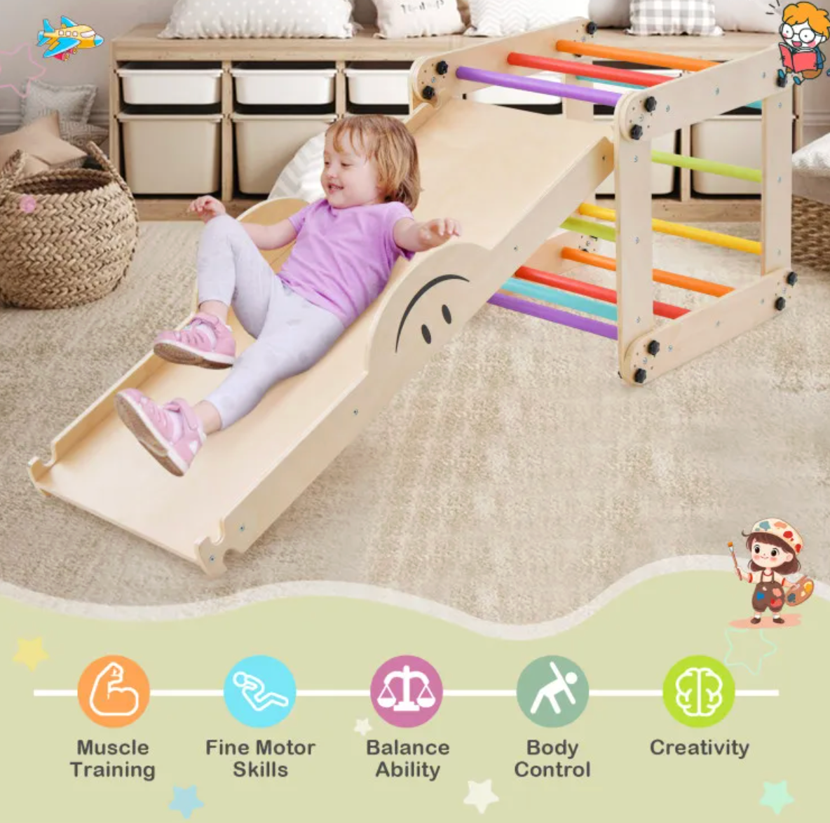 5in1 Montessori Climbing Set: Climbing Ladder + Climbing Ramp + Slide Board + Seesaw + Stepstool - Little Play World Store