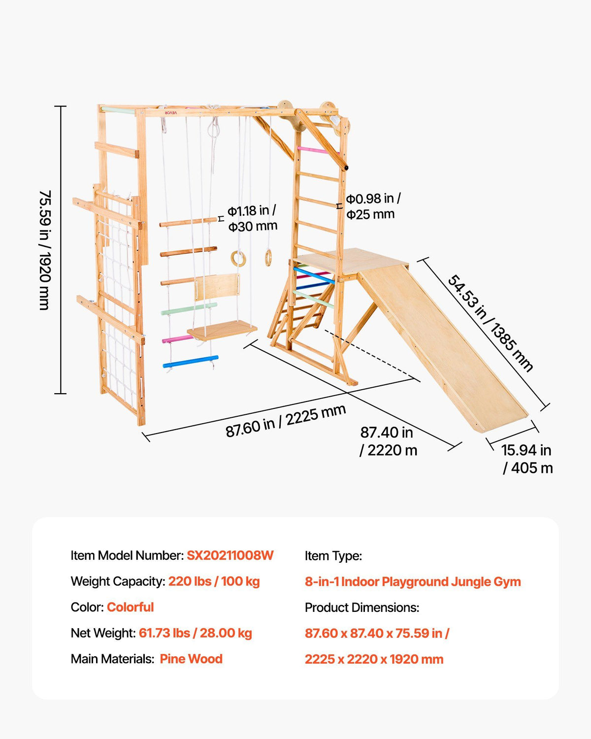 Little Play World AdventureClimb 8-in-1 wooden indoor kids play gym with climbing panels, slide, and swings for active play.