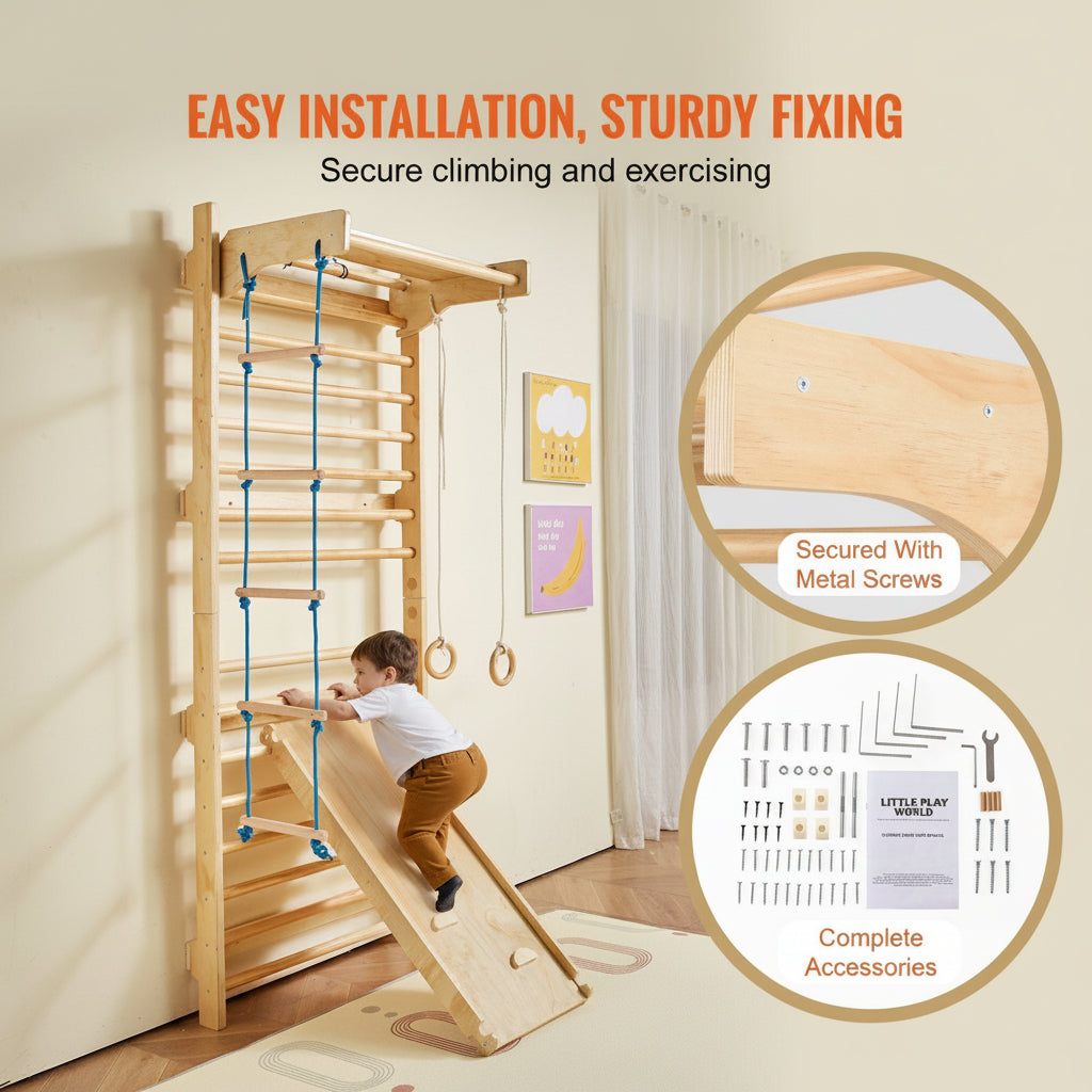 Little Play World ExplorerClimb™ indoor wooden wall gym for kids, featuring a Swedish ladder and climbing activity set.