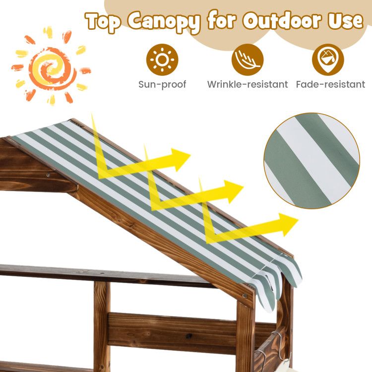 Outdoor kids mud kitchen with canopy, Little Play World, featuring a wooden construction and playful outdoor cooking area.