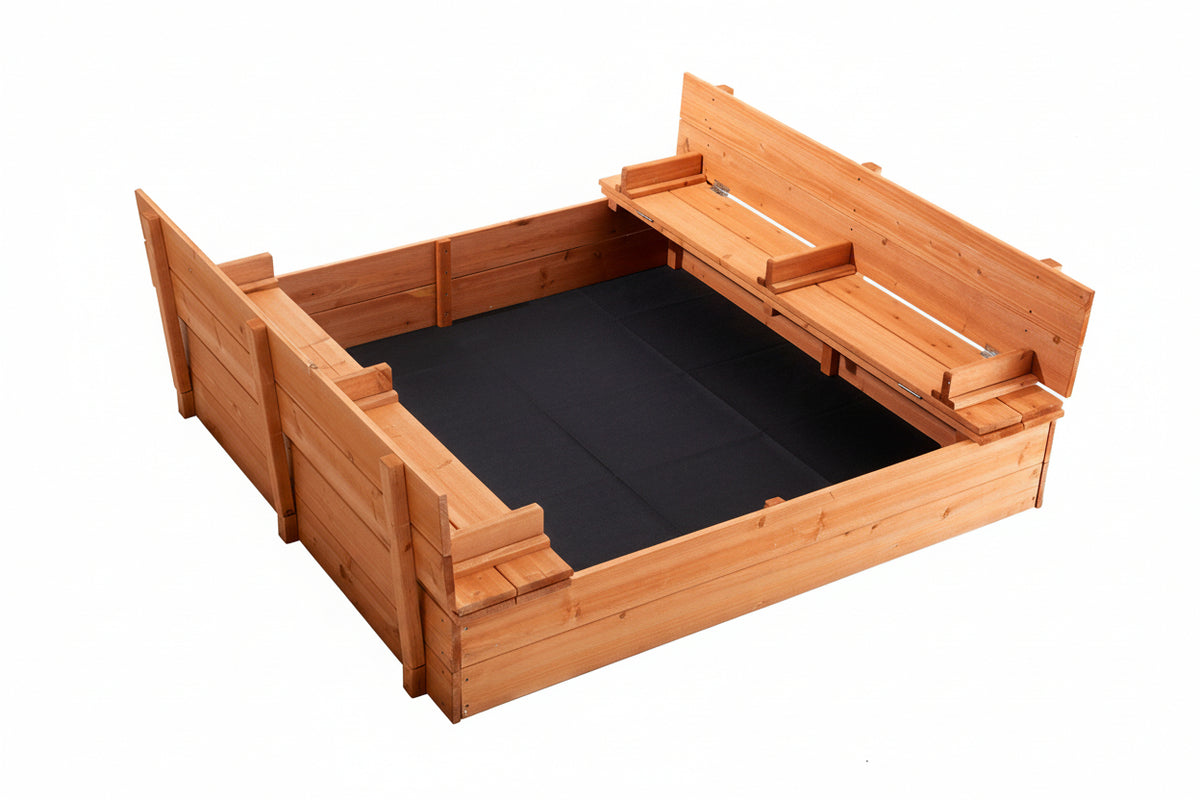 Natural wooden kids sandbox by Little Play World with foldable bench seats and a bottom liner for backyard outdoor fun.