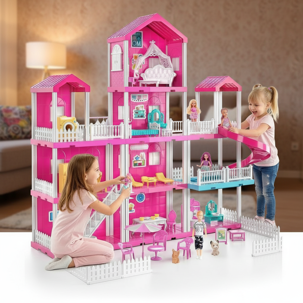 Two children playing with a large pink dollhouse in a room.