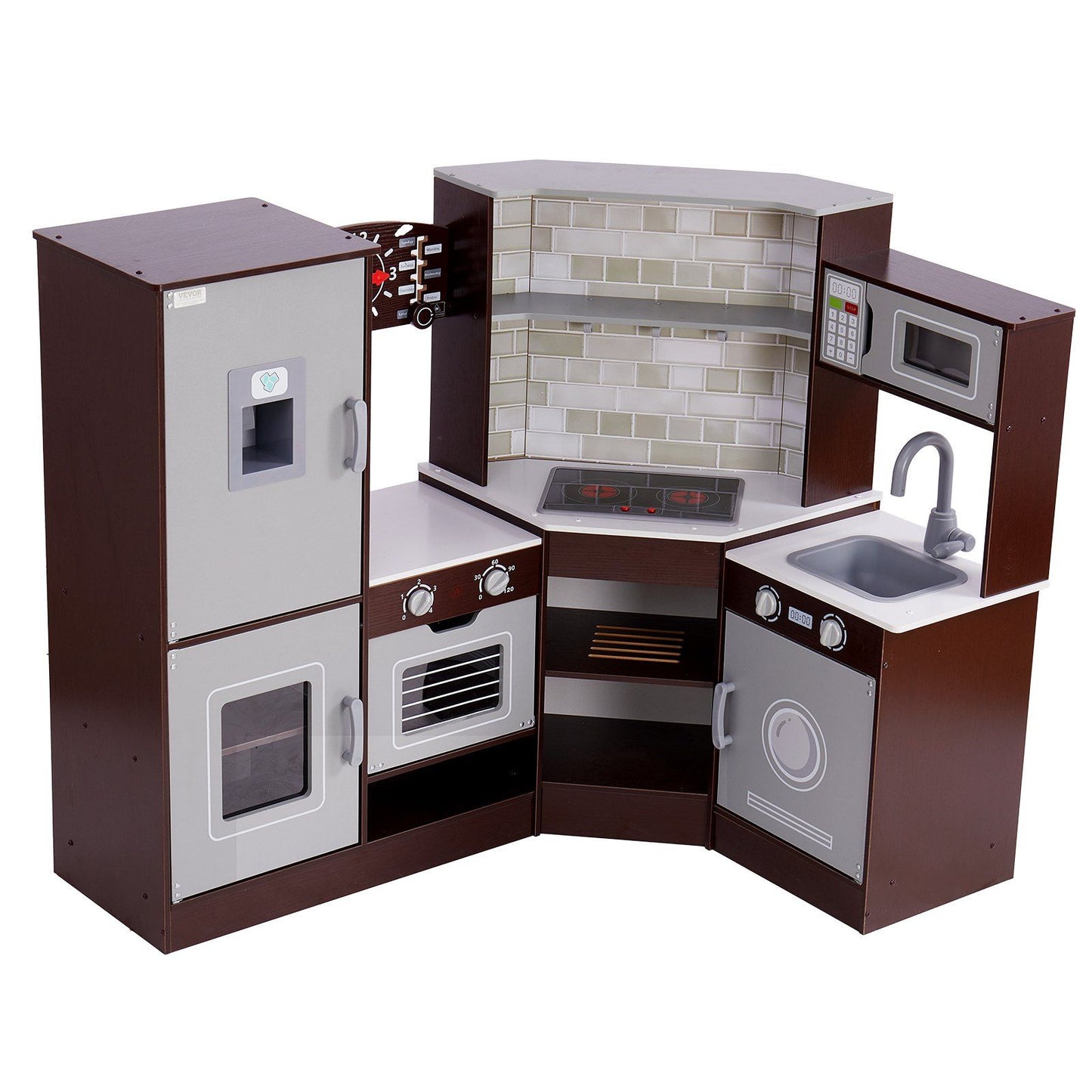 Wooden corner kids play kitchen by Little Play World with lights, sounds, and a 24-piece cookware set in brown for imaginative play.