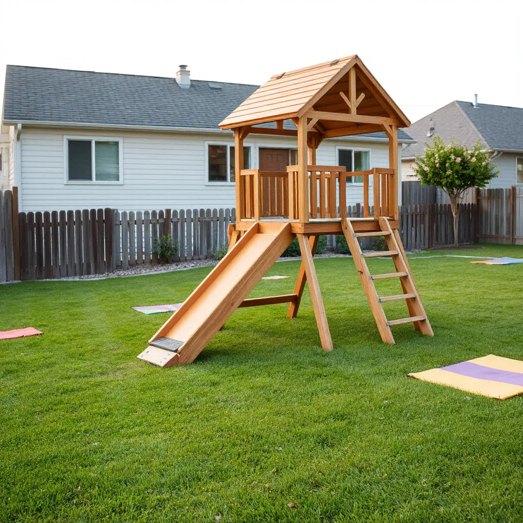 Backyard playset with slide and swings on a lawn in a safe, family-friendly yard