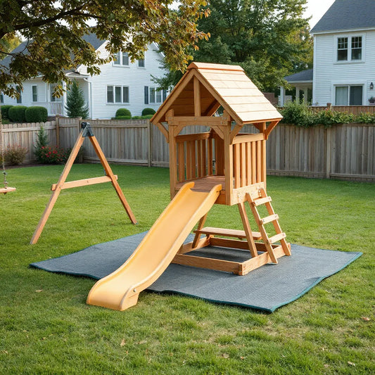 Wooden backyard playset with slide and swings on a safe lawn setup