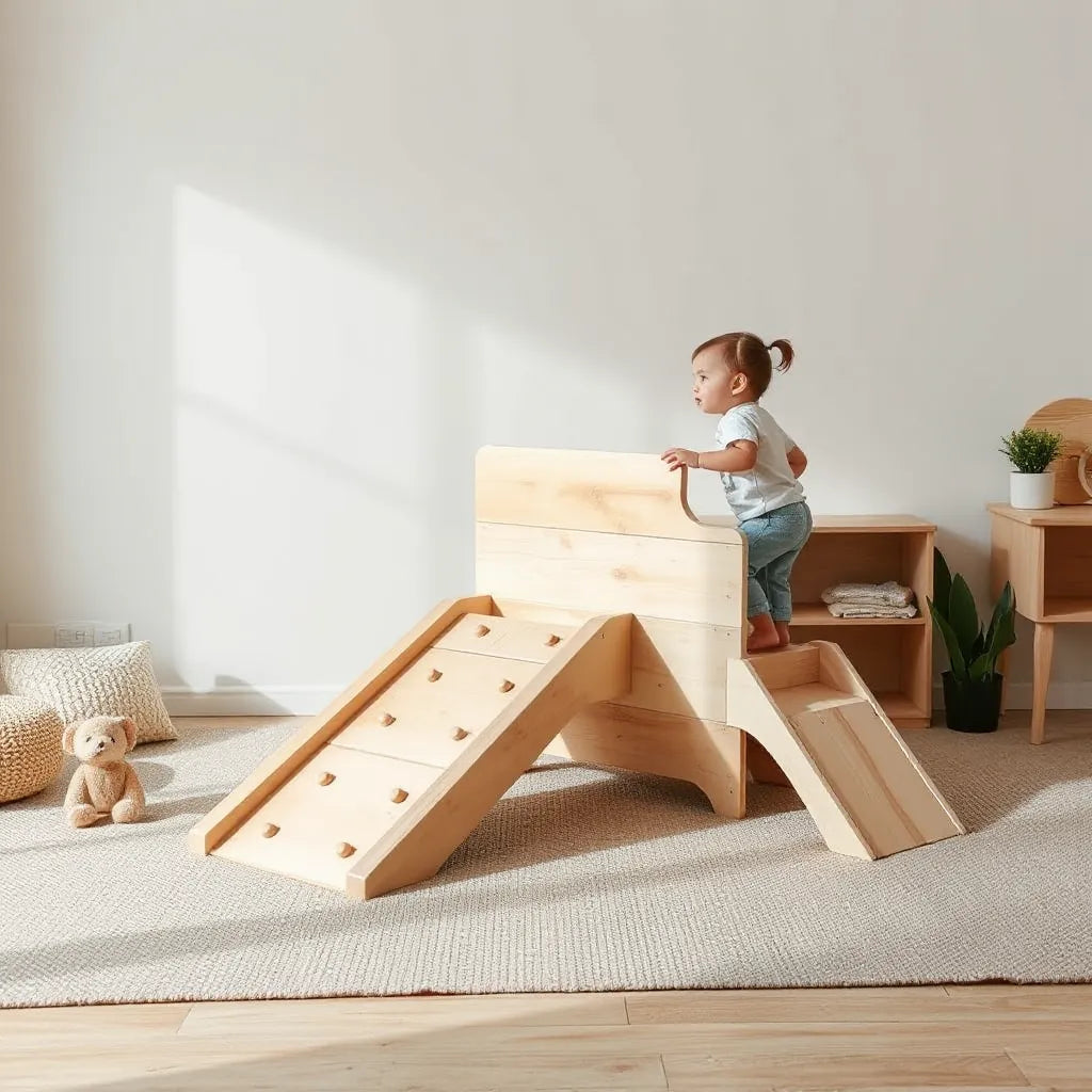 Toddler climbing a Montessori-style wooden ramp and steps in a bright, uncluttered playroom with adult nearby