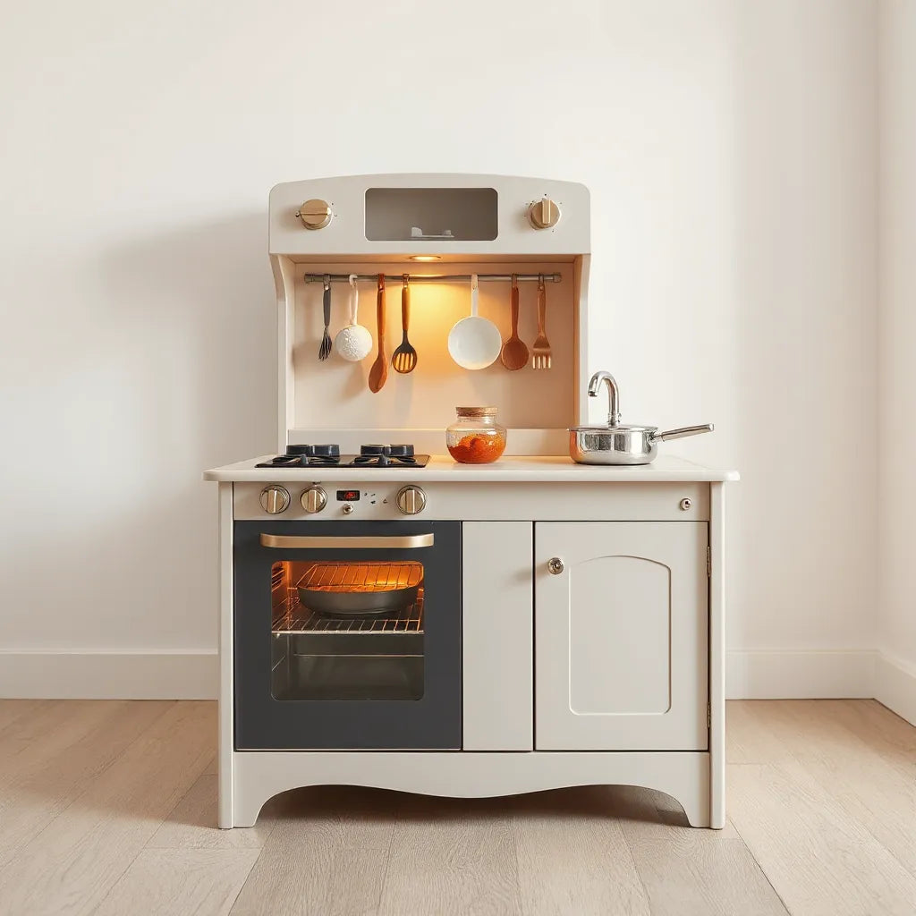 Child-size play kitchen with glowing lights, toy cookware, and play utensils on a clean countertop