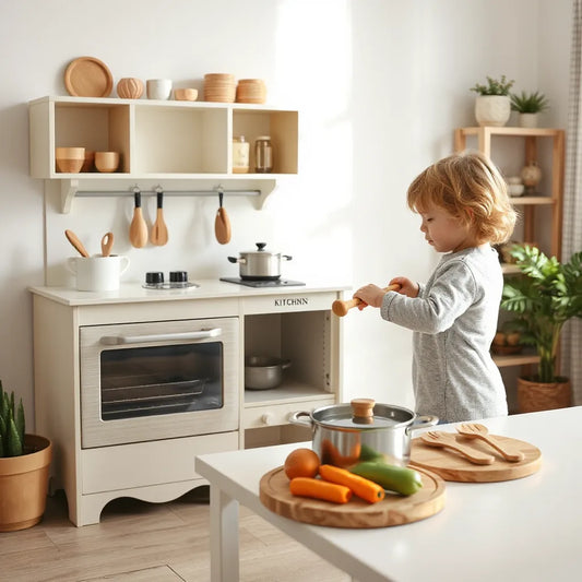 Child-friendly interactive kids kitchen with pretend cooking items in a bright playroom
