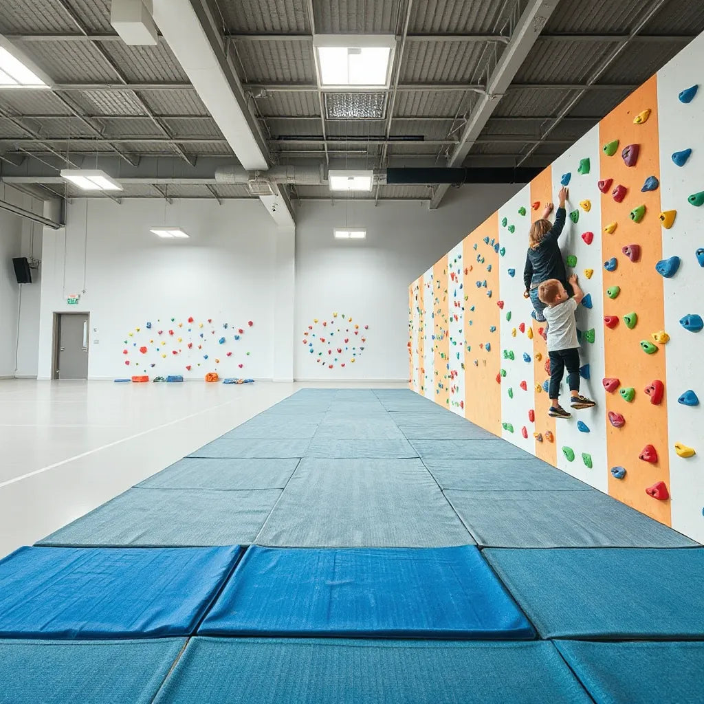 Child climbing on an indoor wall with colorful holds and padded safety mats