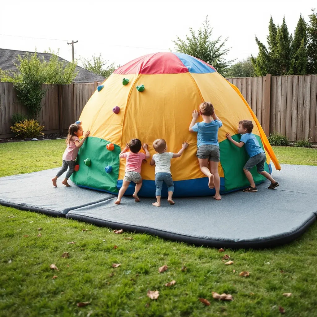 Kids climbing an outdoor dome with safe ground mats and adult supervision