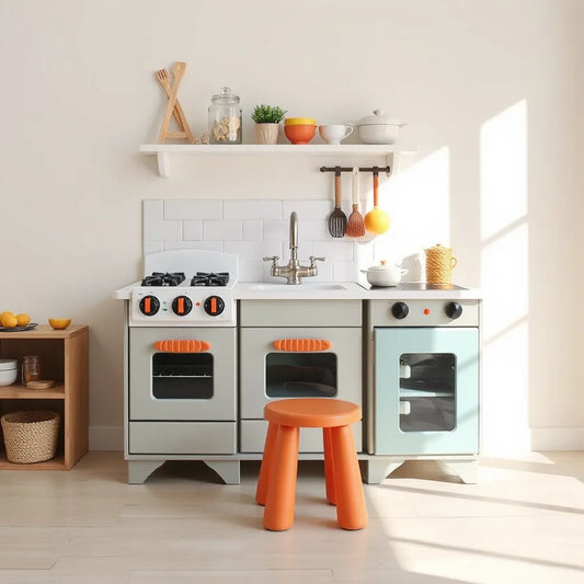 Kids play kitchen with stove, sink, and pretend cookware set up in a bright room