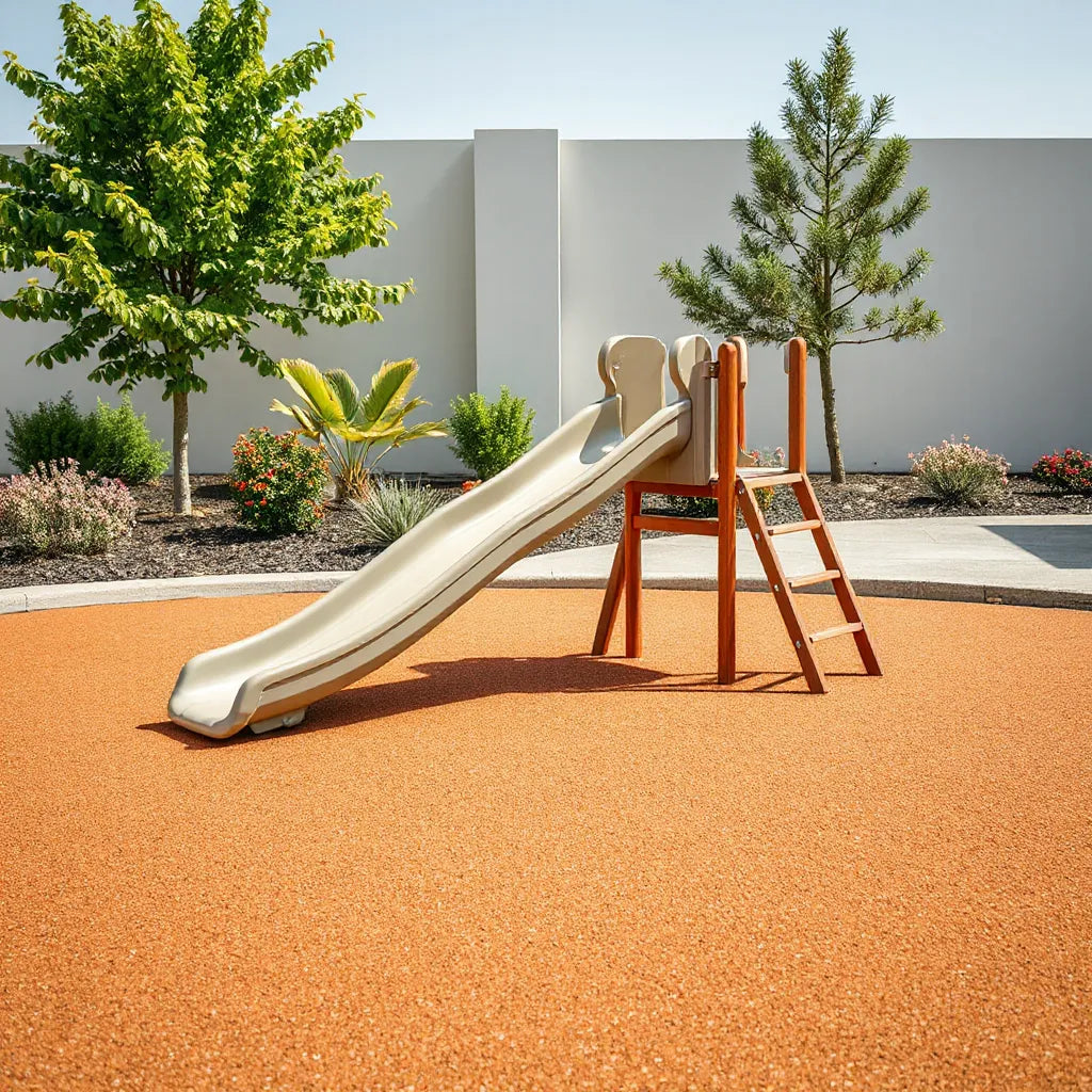 Durable outdoor slide and climbing play equipment on rubber playground surfacing