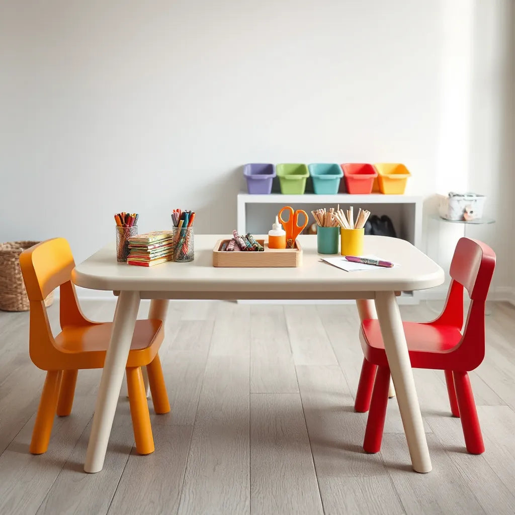 Kid-sized crafts table with paper and supplies set up for easy art projects