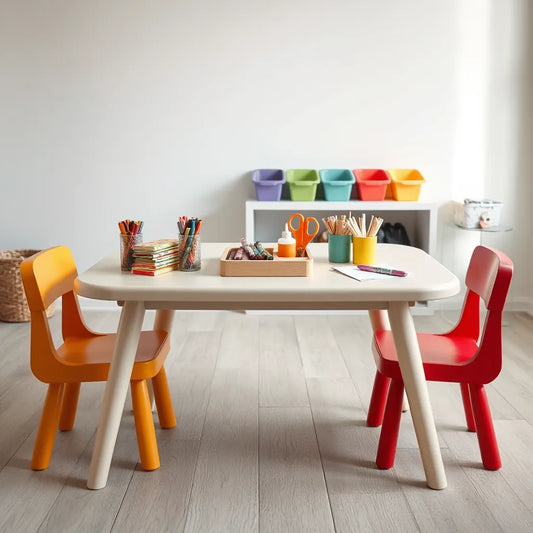 Kid-sized crafts table with paper and supplies set up for easy art projects