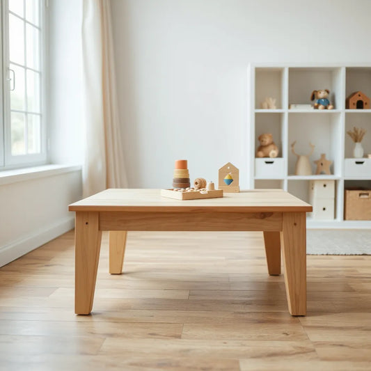 Wooden activity table in a bright playroom with child-safe learning accessories on top