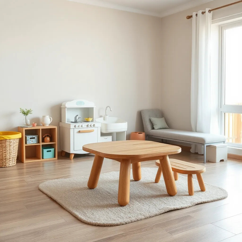 Child-sized play table, seating, and storage in a bright indoor playroom with soft flooring