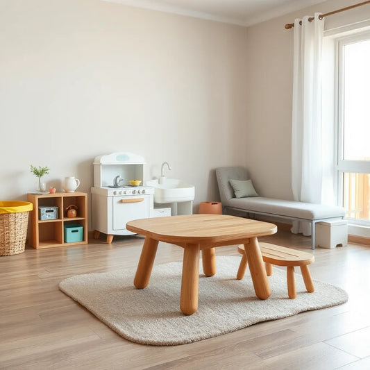 Child-sized play table, seating, and storage in a bright indoor playroom with soft flooring