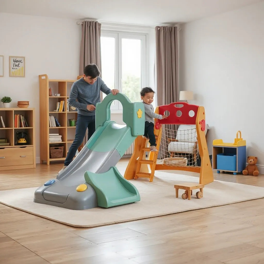 Child climbing an indoor playset with a small slide on padded flooring in a bright living room