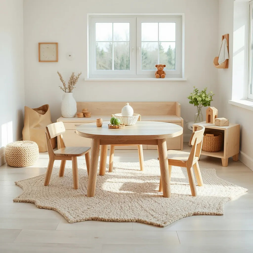 Wooden play table and low chairs with natural toys in a bright, eco-friendly playroom