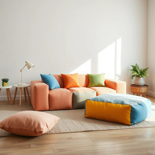 Modular kids play couch with interlocking foam pieces and colorful cushions in a bright living room