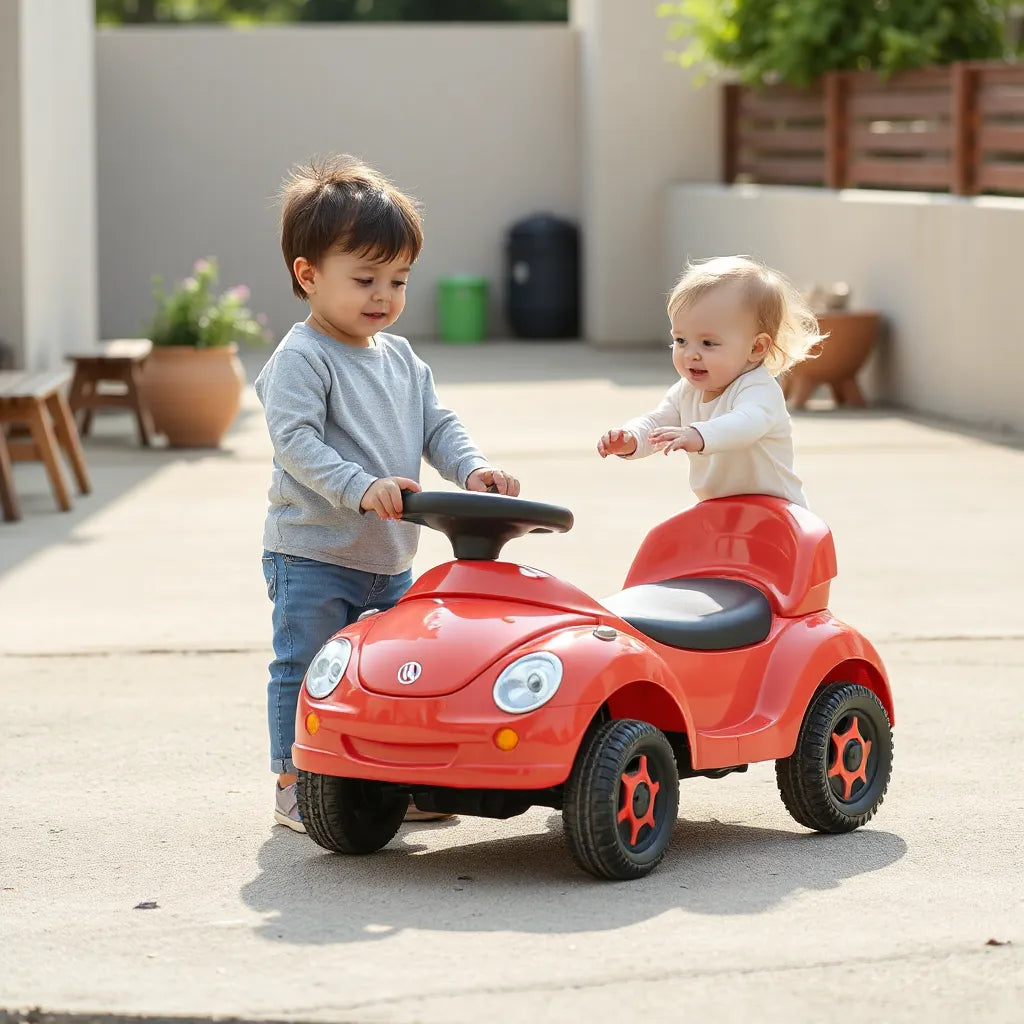 Two kids beside a red ride-on car toy on a clean outdoor patio.