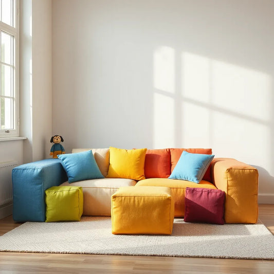 Modular kids play couch with connected padded pieces arranged for comfortable seating and play