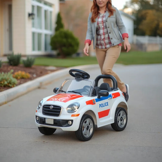 Child-sized emergency services ride-on car with an adult nearby on a sidewalk for supervised safe play