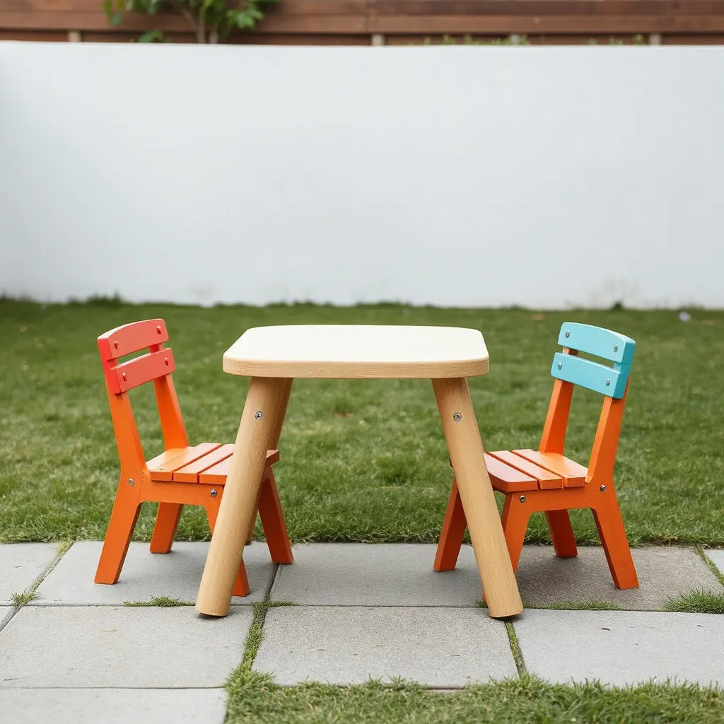 Kids picnic table with two matching chairs in an outdoor play area