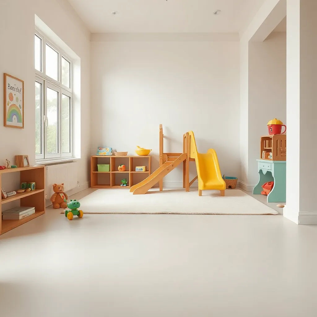 Sturdy indoor playset with slide and climbing steps in a bright, padded play area