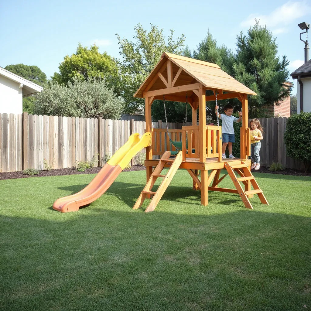 Wooden outdoor playset with slide and swing in a safe, level backyard