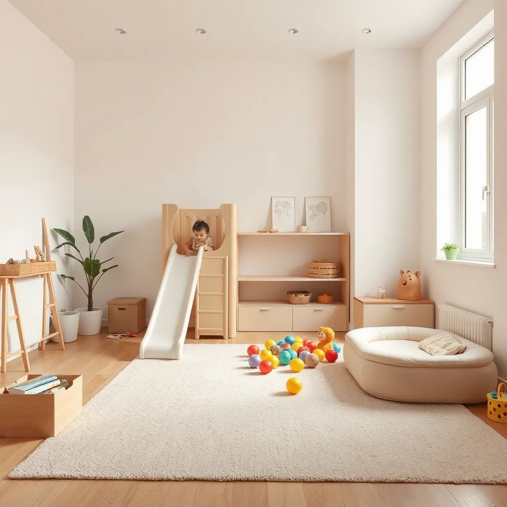 Child-friendly indoor playset with slide, climbing steps, padded platform, and ball pit in a bright playroom