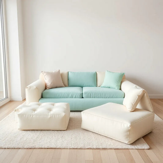 Modular kids play couch with connected foam sections arranged in flexible seating styles