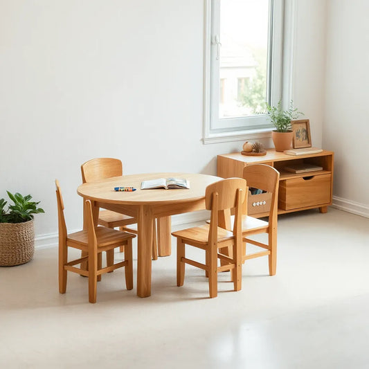 Child-sized wooden table with matching chairs in a bright, simple playroom setting