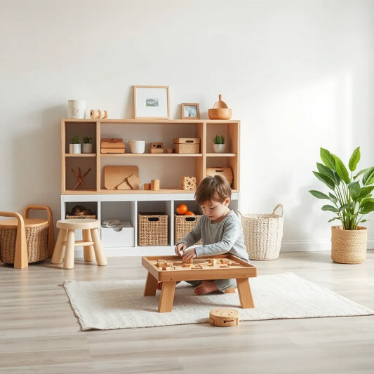 Child using a low tray of Montessori sorting materials on a calm home play mat