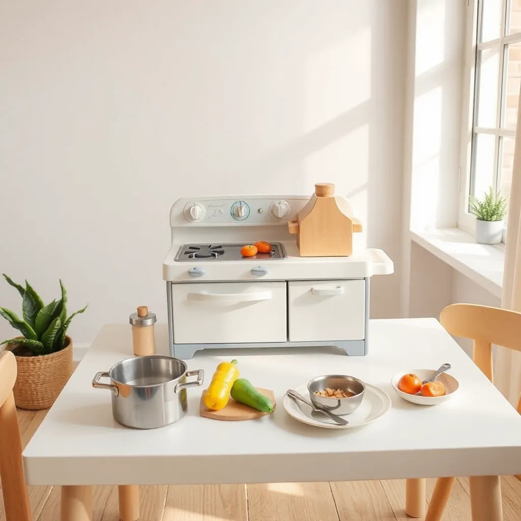 Child-safe pretend cooking playset with toy stove, cookware, and meal ingredients on a table