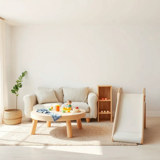 Child-friendly interactive play area with activity table, textured seating, and indoor climbing panel