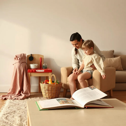 Child and parent playing pretend at a small play kitchen with toys and an open storybook