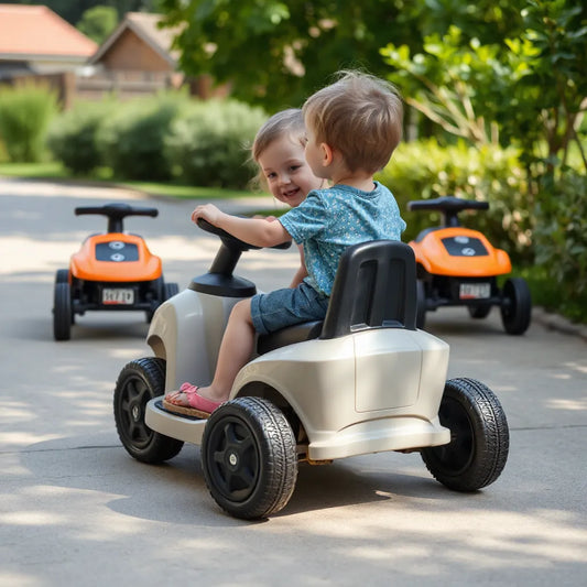 Child riding a kid-friendly ride-on car outdoors on a smooth path