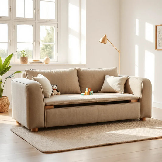 Colorful kids play couch with cushions and toys in a bright, tidy living room