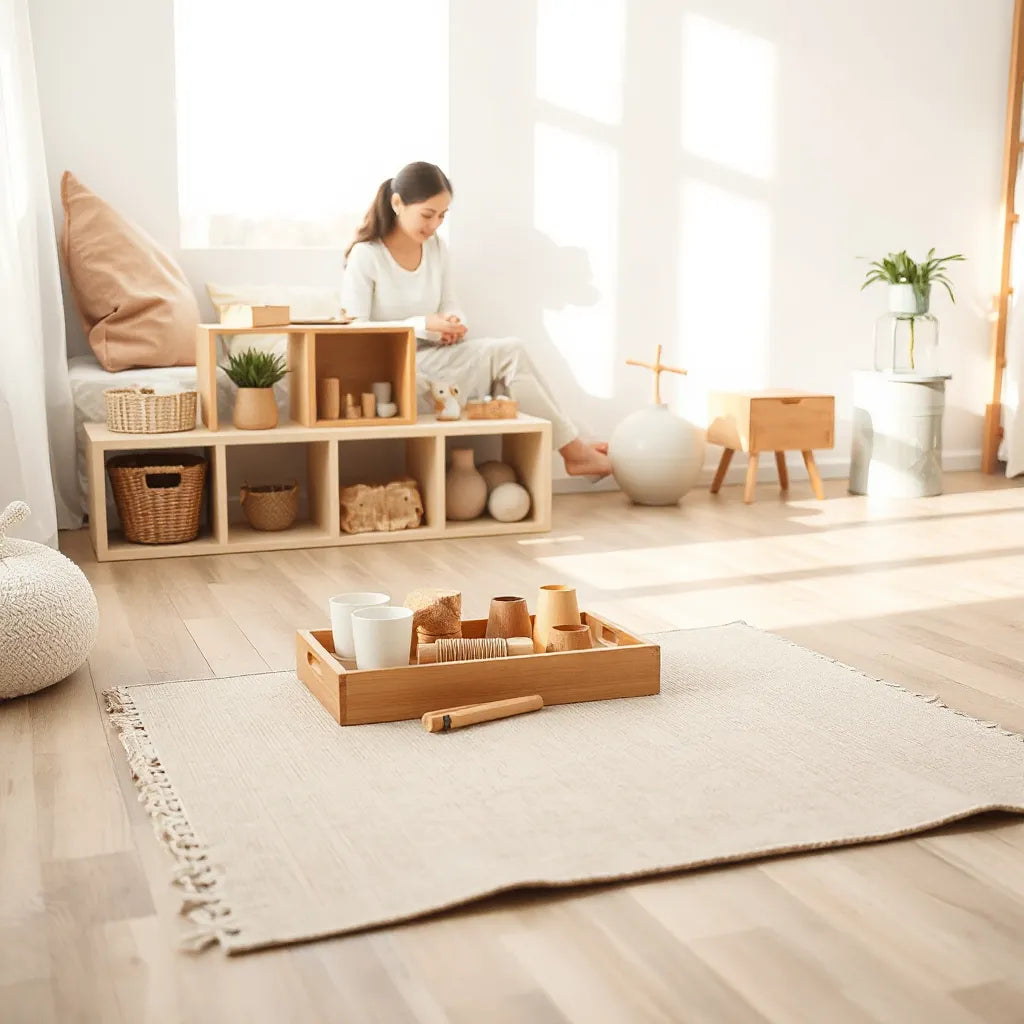 Child-friendly Montessori play space with low shelf, neatly arranged activity trays, and a small floor play mat