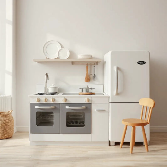 Child-sized pretend play kitchen with stove, sink, and toy dishes on a countertop
