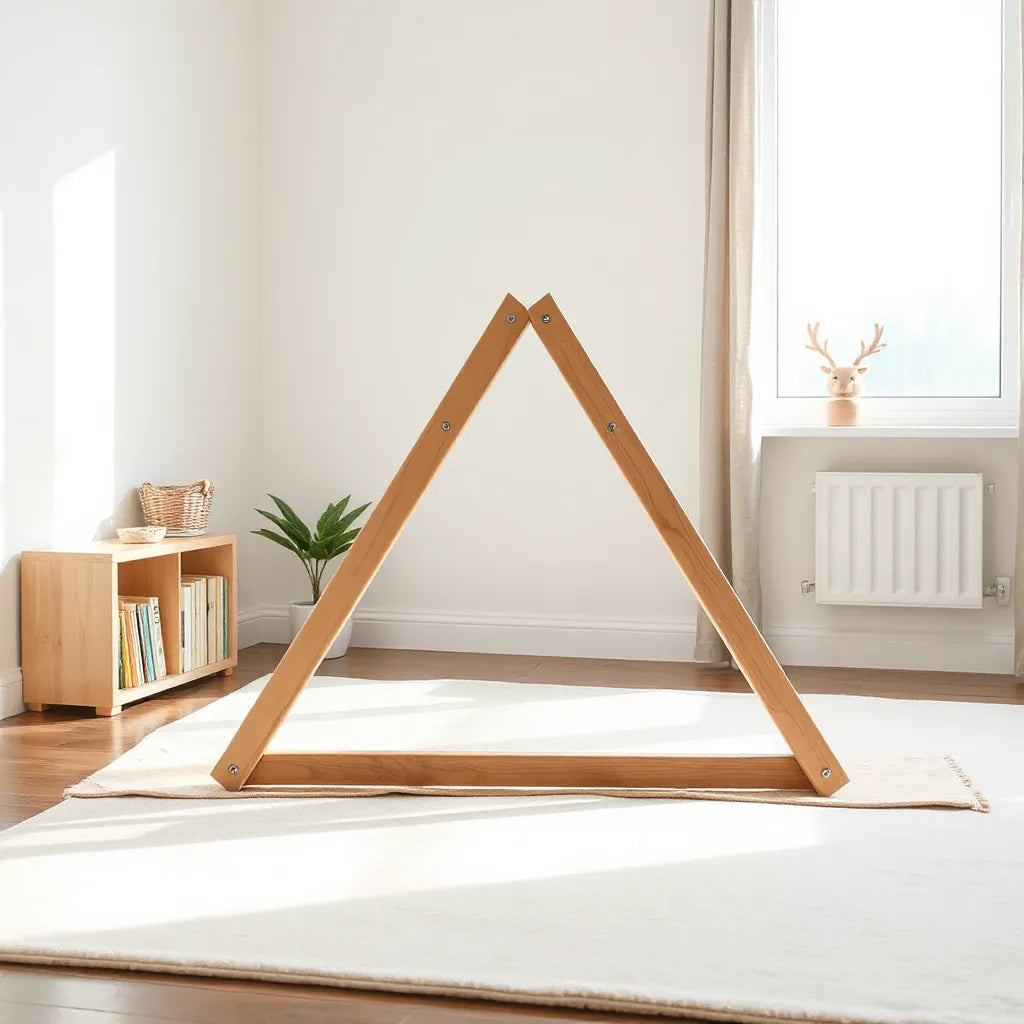 Wooden climbing triangle set on a soft mat in a bright indoor playroom