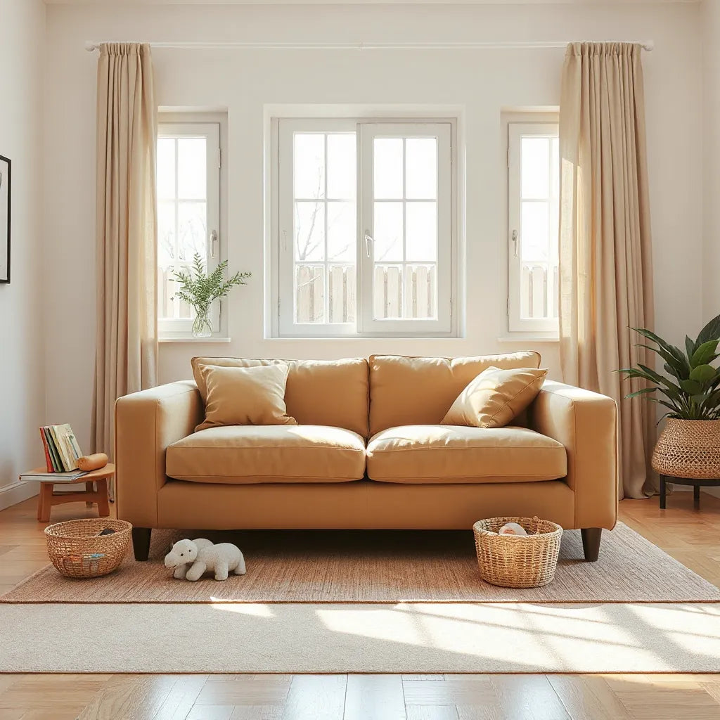 Low cushioned kids play couch in a bright living room with soft toys and books nearby