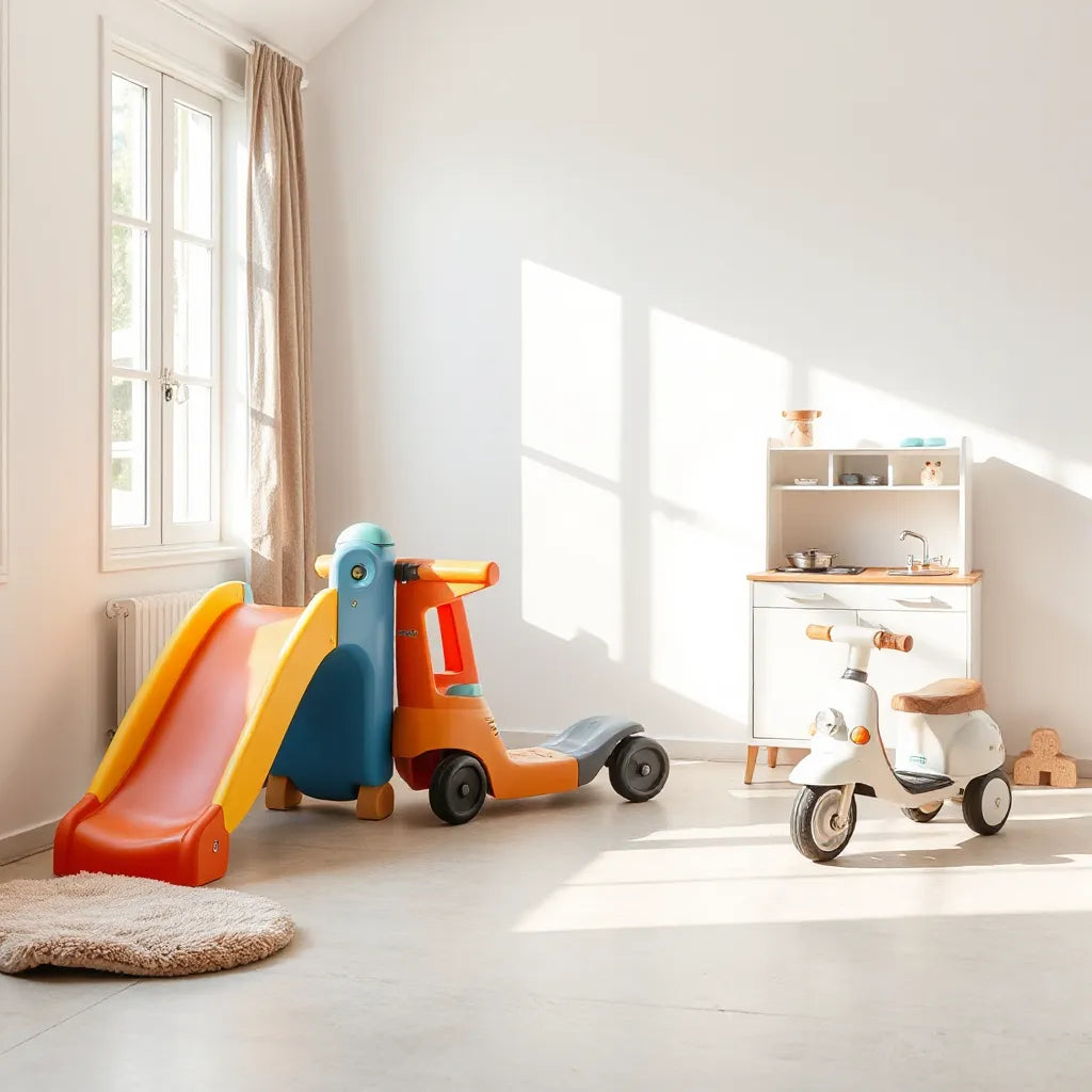 Colorful kids play area with a playset, ride-on toy, and pretend play items