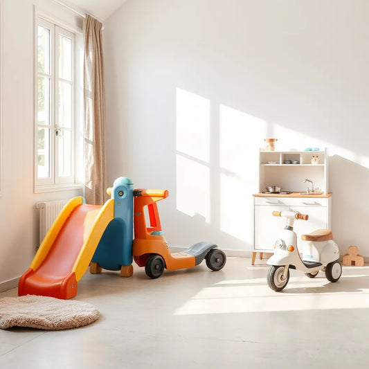 Colorful kids play area with a playset, ride-on toy, and pretend play items
