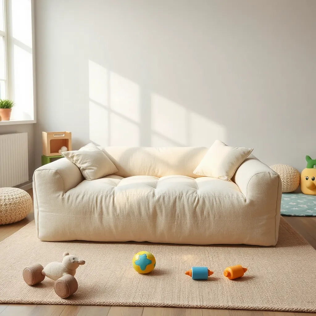 Cozy foam play couch with soft rounded cushions in a bright, uncluttered playroom