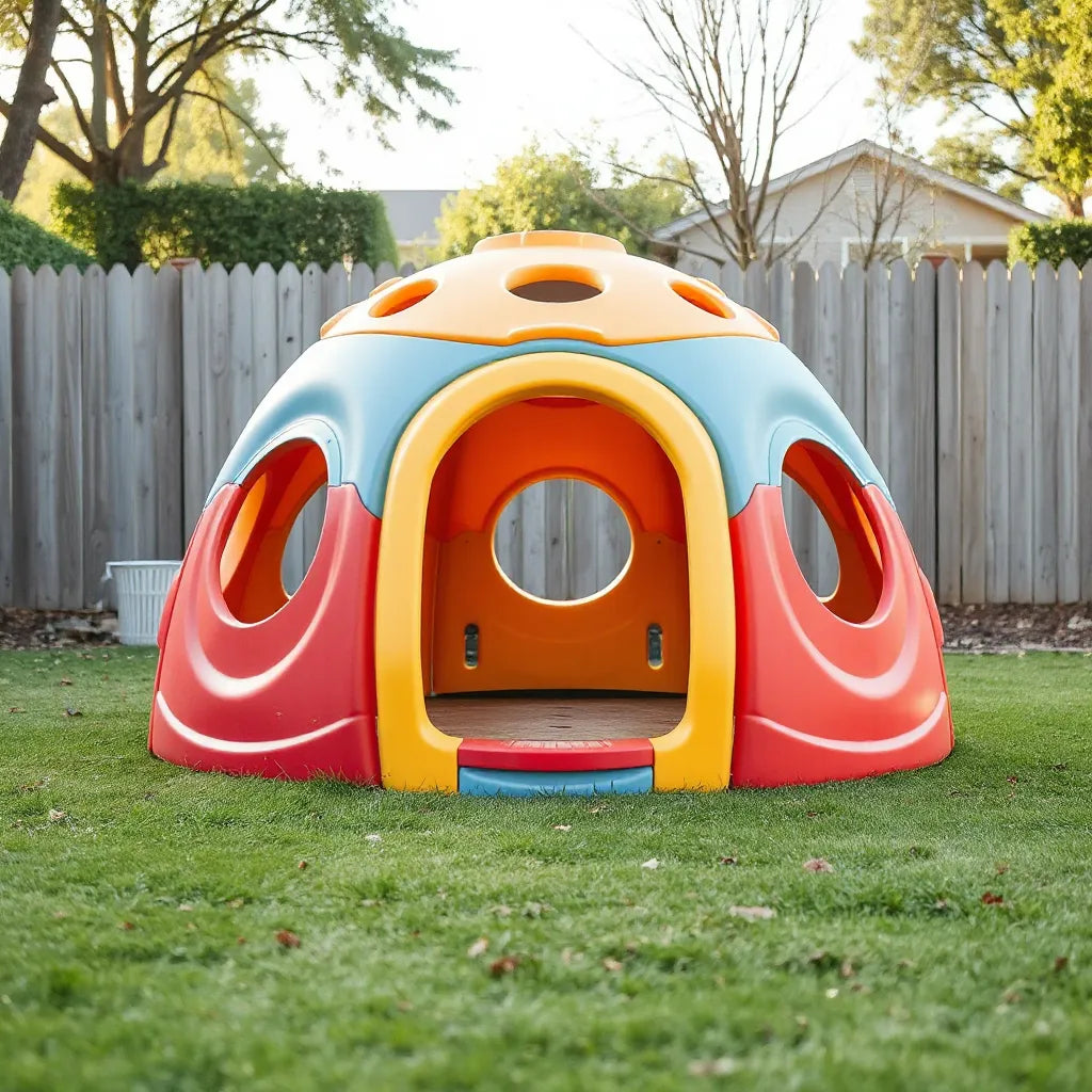 Kids outdoor climbing dome playset in a backyard with climbing holds and an arched entrance
