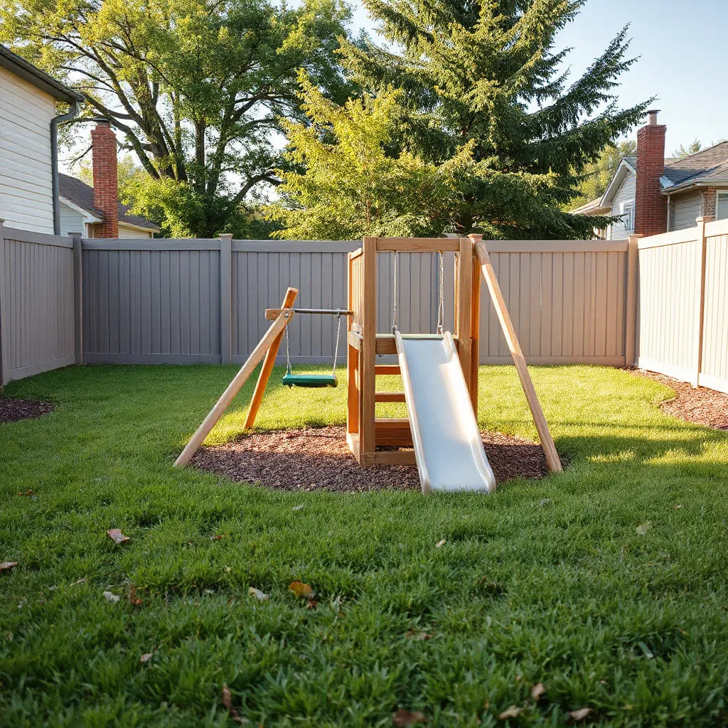 Child-friendly outdoor playset with slide, swing, and climbing ladder on safe backyard surfacing