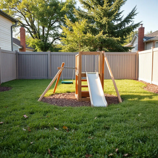 Child-friendly outdoor playset with slide, swing, and climbing ladder on safe backyard surfacing