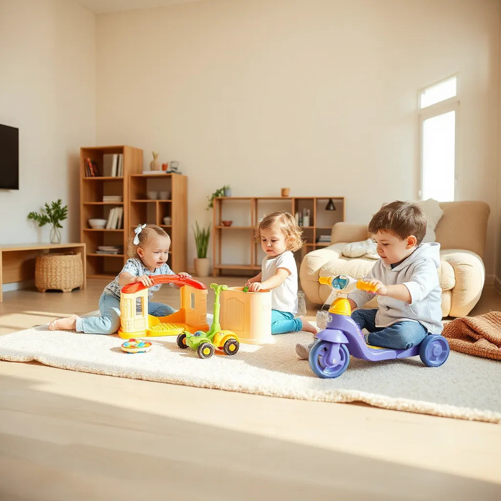 Kids playing with a playset, ride-on toy, and pretend accessories in a bright room